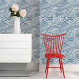 Saybrook Navy Peel & Stick Wallpaper with Modern Ocean Wave Motif - NuWallpaper NUS3562