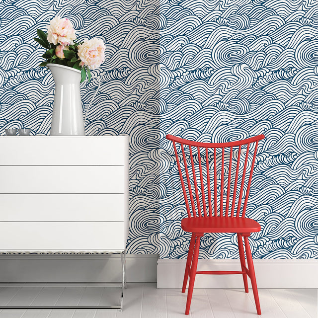 Saybrook Navy Peel & Stick Wallpaper with Modern Ocean Wave Motif - NuWallpaper NUS3562