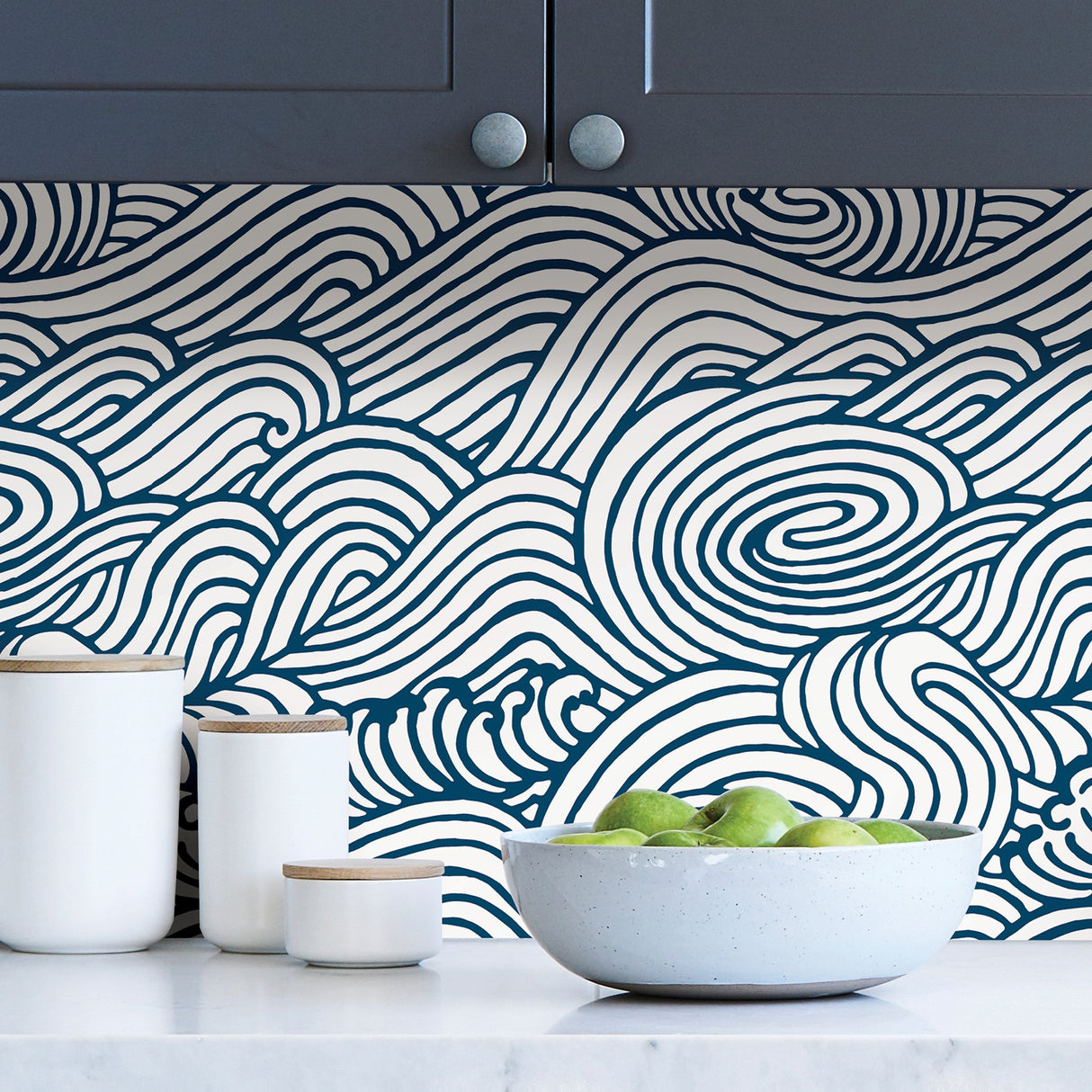 Saybrook Navy Peel & Stick Wallpaper with Modern Ocean Wave Motif - NuWallpaper NUS3562