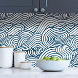 Saybrook Navy Peel & Stick Wallpaper with Modern Ocean Wave Motif - NuWallpaper NUS3562