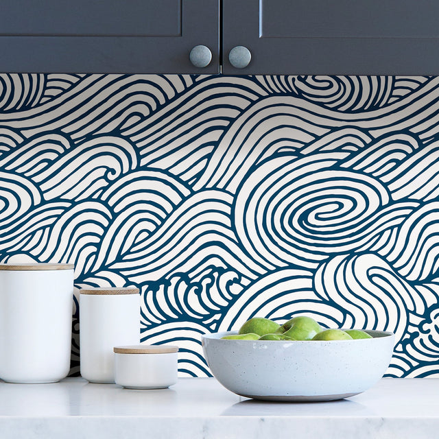 Saybrook Navy Peel & Stick Wallpaper with Modern Ocean Wave Motif - NuWallpaper NUS3562