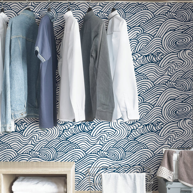 Saybrook Navy Peel & Stick Wallpaper with Modern Ocean Wave Motif - NuWallpaper NUS3562