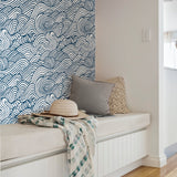 Saybrook Navy Peel & Stick Wallpaper with Modern Ocean Wave Motif - NuWallpaper NUS3562