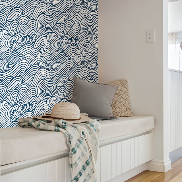 Saybrook Navy Peel & Stick Wallpaper with Modern Ocean Wave Motif - NuWallpaper NUS3562
