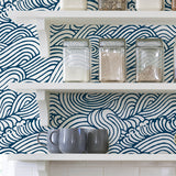 Saybrook Navy Peel & Stick Wallpaper with Modern Ocean Wave Motif - NuWallpaper NUS3562