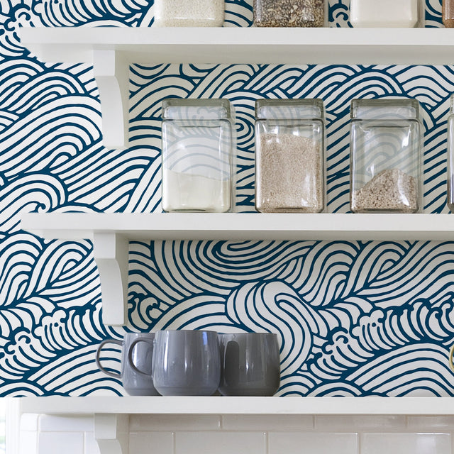 Saybrook Navy Peel & Stick Wallpaper with Modern Ocean Wave Motif - NuWallpaper NUS3562