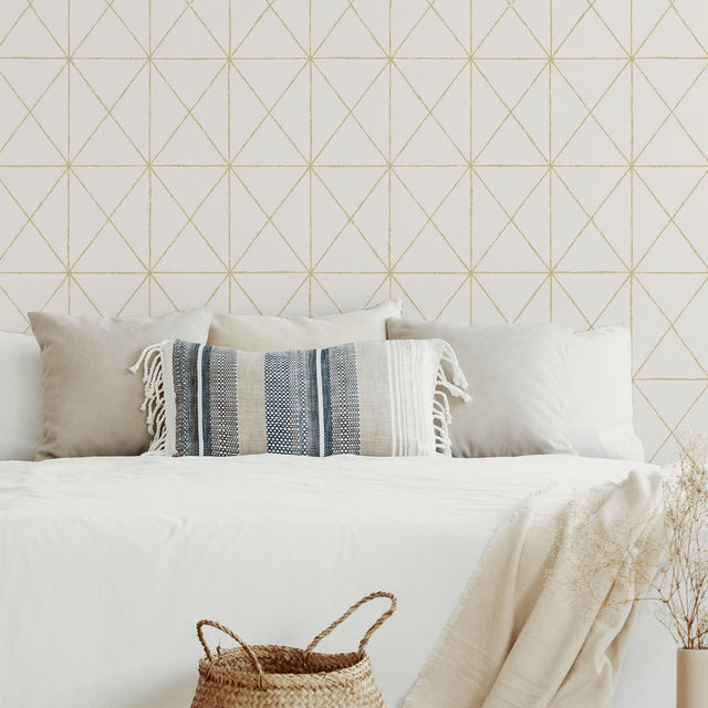 Get In Line White & Gold Peel & Stick Wallpaper with Modern Geometric Pattern, Metallic Effect - NuWallpaper NUS3577