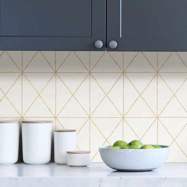 Get In Line White & Gold Peel & Stick Wallpaper with Modern Geometric Pattern, Metallic Effect - NuWallpaper NUS3577