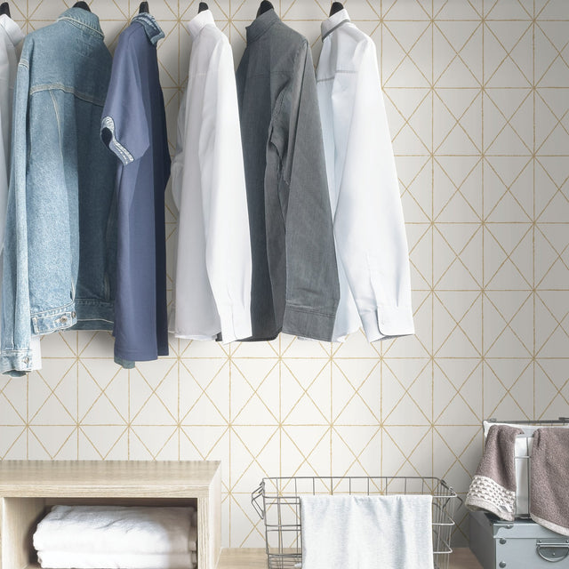 Get In Line White & Gold Peel & Stick Wallpaper with Modern Geometric Pattern, Metallic Effect - NuWallpaper NUS3577