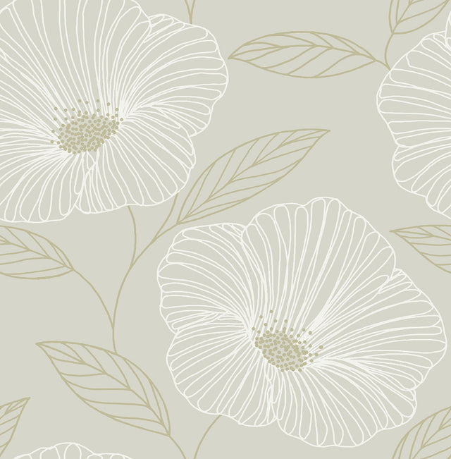 Floweret Dove Peel & Stick Wallpaper with Metallic Floral Motif - NuWallpaper NUS3579