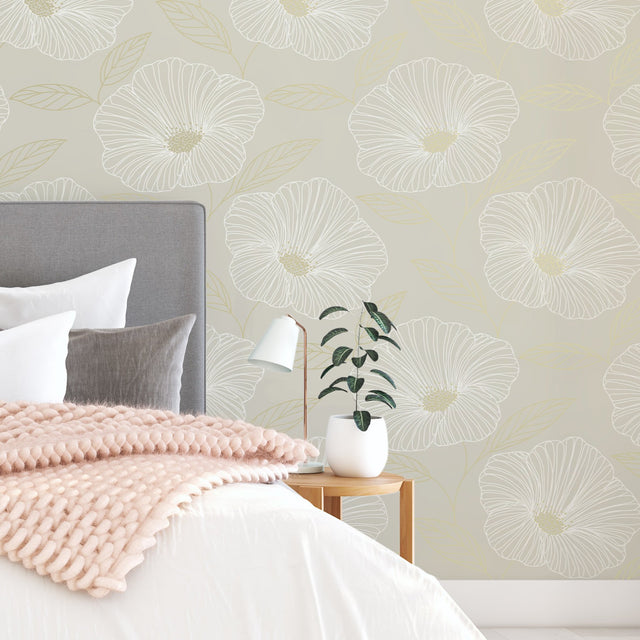 Floweret Dove Peel & Stick Wallpaper with Metallic Floral Motif - NuWallpaper NUS3579