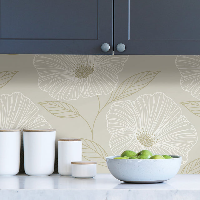Floweret Dove Peel & Stick Wallpaper with Metallic Floral Motif - NuWallpaper NUS3579