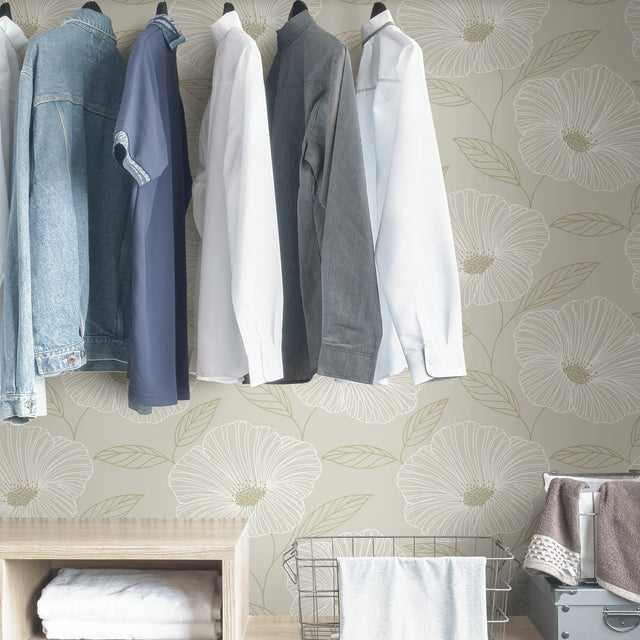 Floweret Dove Peel & Stick Wallpaper with Metallic Floral Motif - NuWallpaper NUS3579