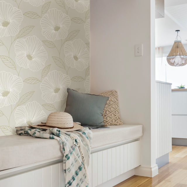 Floweret Dove Peel & Stick Wallpaper with Metallic Floral Motif - NuWallpaper NUS3579