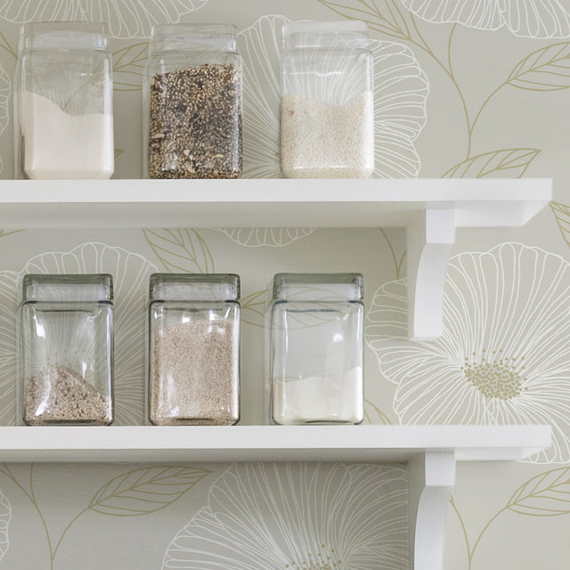 Floweret Dove Peel & Stick Wallpaper with Metallic Floral Motif - NuWallpaper NUS3579