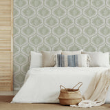 Primitive Leaves Green Peel & Stick Wallpaper with Botanical Ogee Pattern - NuWallpaper NUS3621
