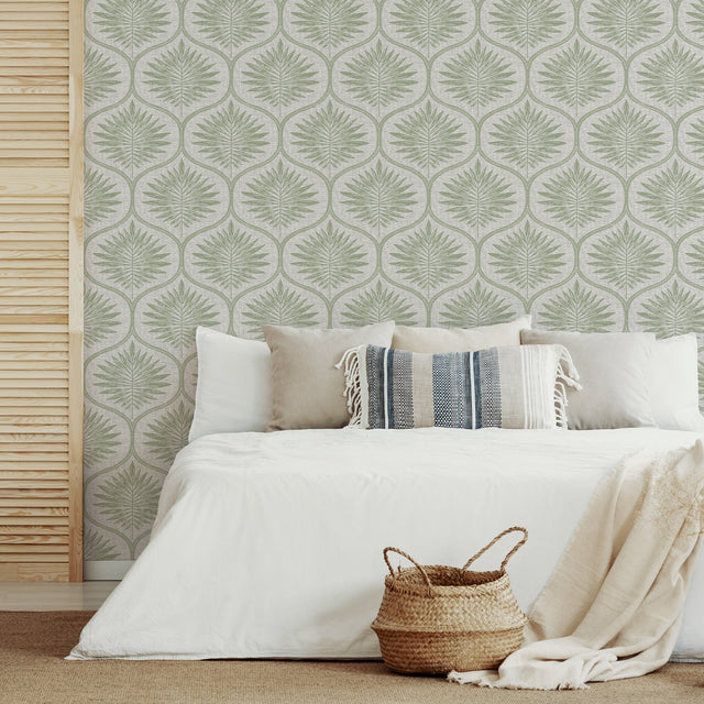 Primitive Leaves Green Peel & Stick Wallpaper with Botanical Ogee Pattern - NuWallpaper NUS3621