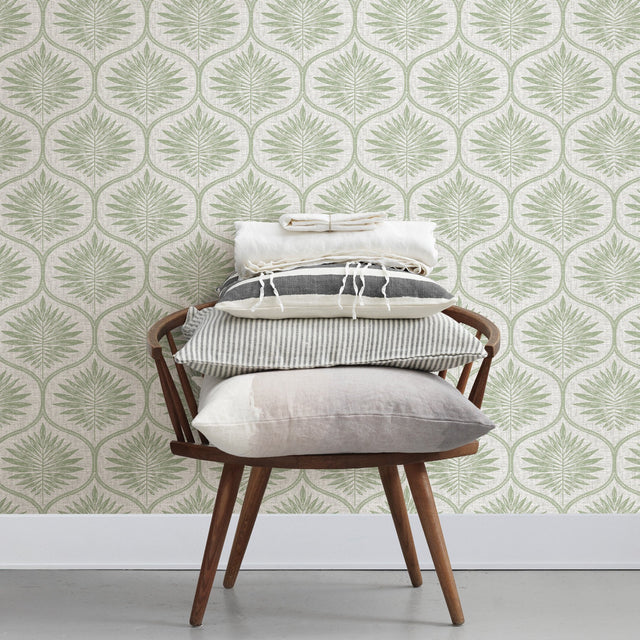 Primitive Leaves Green Peel & Stick Wallpaper with Botanical Ogee Pattern - NuWallpaper NUS3621