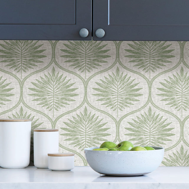 Primitive Leaves Green Peel & Stick Wallpaper with Botanical Ogee Pattern - NuWallpaper NUS3621