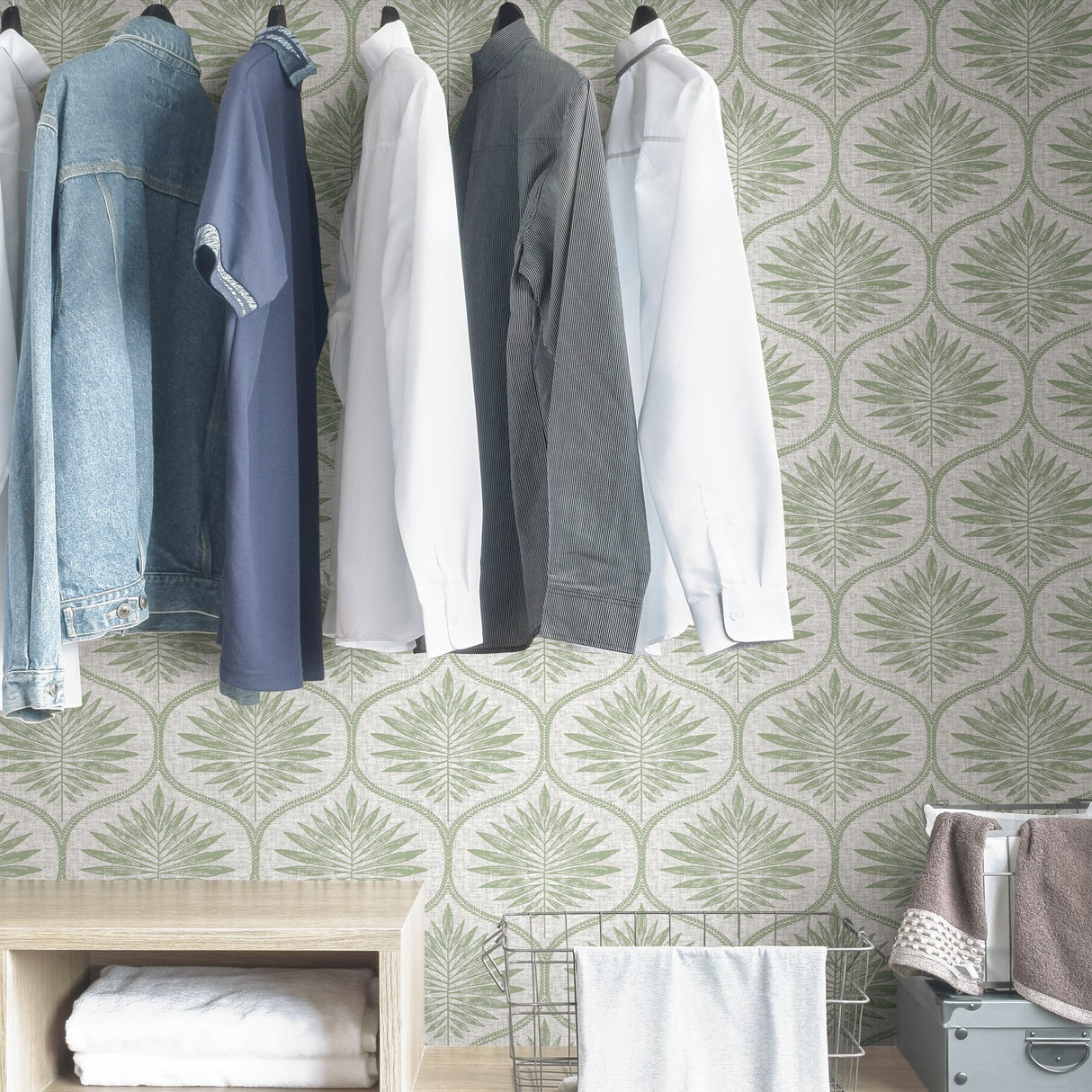 Primitive Leaves Green Peel & Stick Wallpaper with Botanical Ogee Pattern - NuWallpaper NUS3621