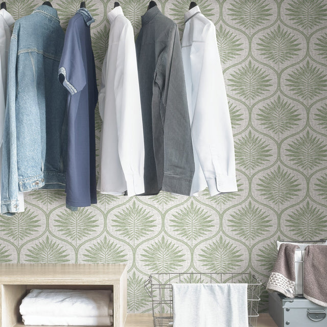 Primitive Leaves Green Peel & Stick Wallpaper with Botanical Ogee Pattern - NuWallpaper NUS3621