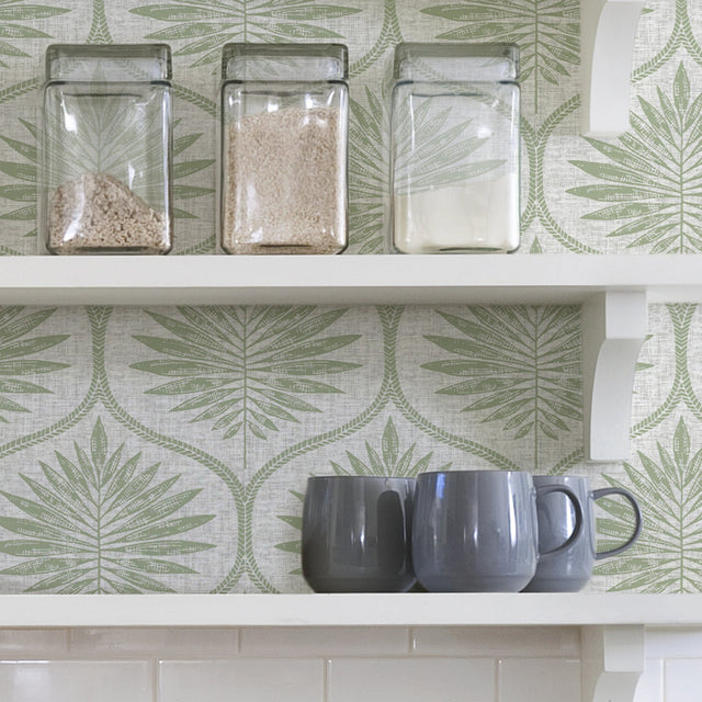 Primitive Leaves Green Peel & Stick Wallpaper with Botanical Ogee Pattern - NuWallpaper NUS3621