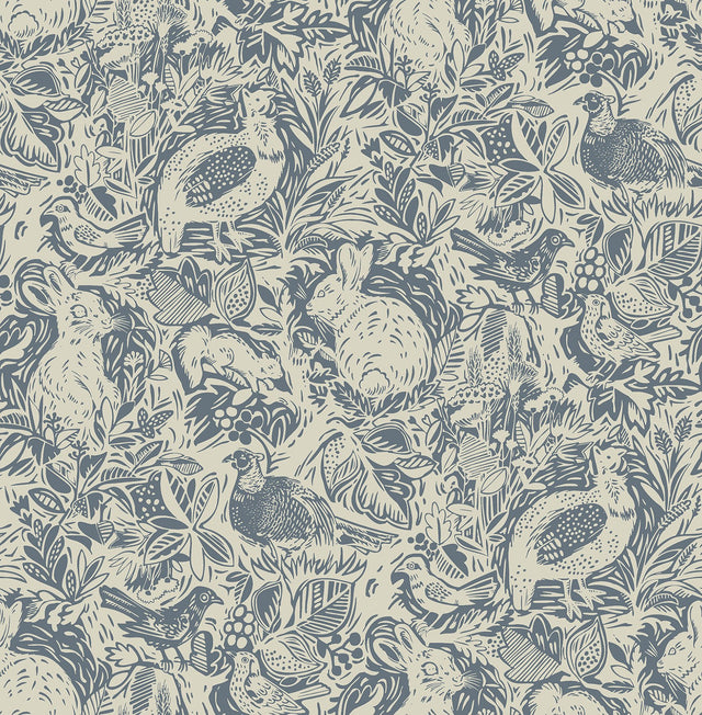 Terrene Blue Peel & Stick Wallpaper with Illustrative Woodland Animal Pattern - NuWallpaper NUS3622