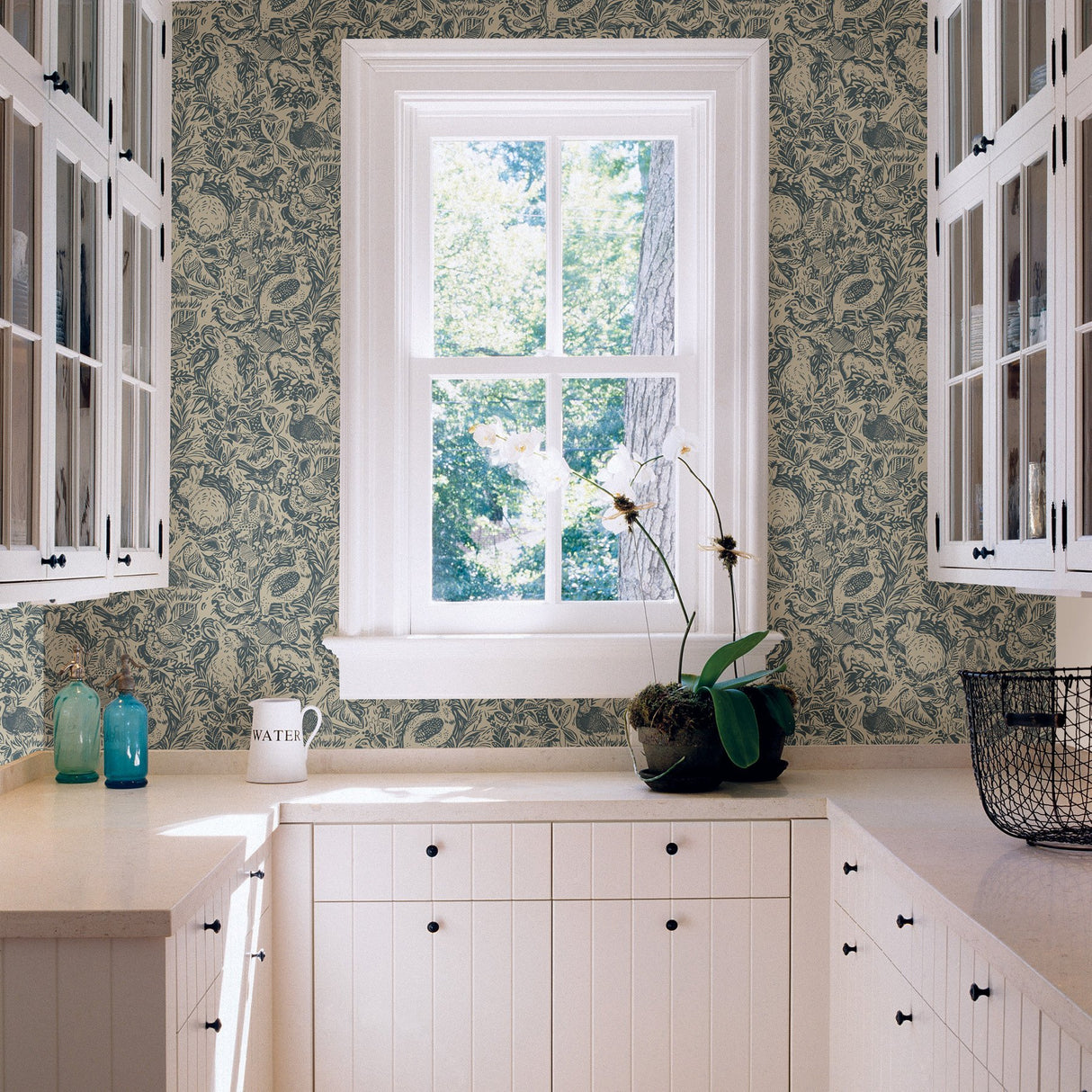 Terrene Blue Peel & Stick Wallpaper with Illustrative Woodland Animal Pattern - NuWallpaper NUS3622