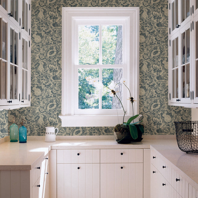 Terrene Blue Peel & Stick Wallpaper with Illustrative Woodland Animal Pattern - NuWallpaper NUS3622