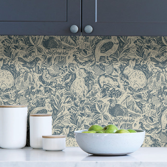 Terrene Blue Peel & Stick Wallpaper with Illustrative Woodland Animal Pattern - NuWallpaper NUS3622