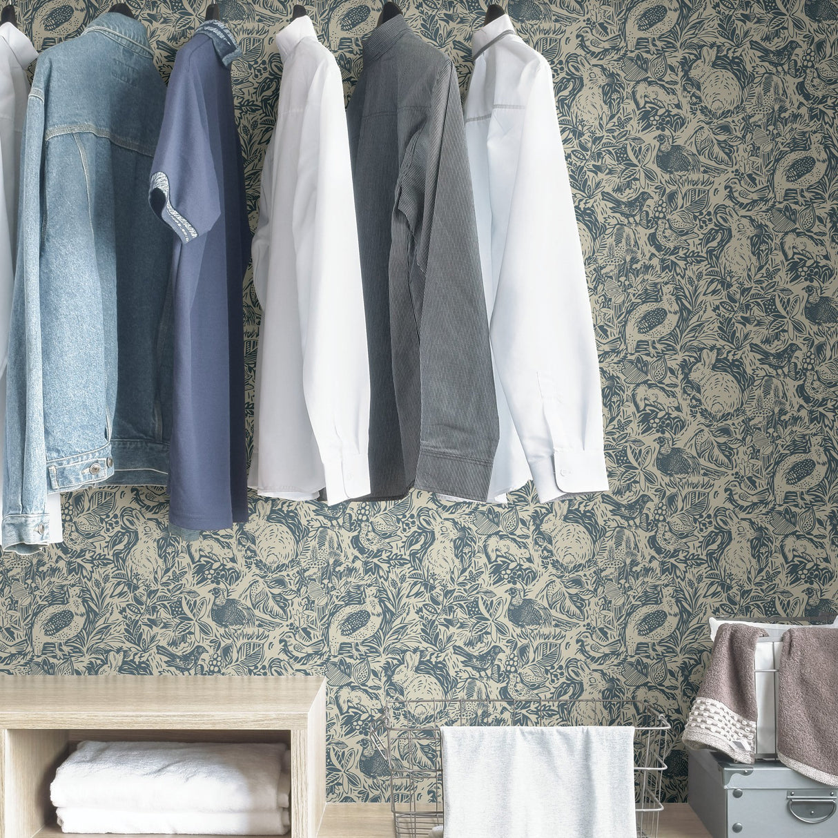 Terrene Blue Peel & Stick Wallpaper with Illustrative Woodland Animal Pattern - NuWallpaper NUS3622
