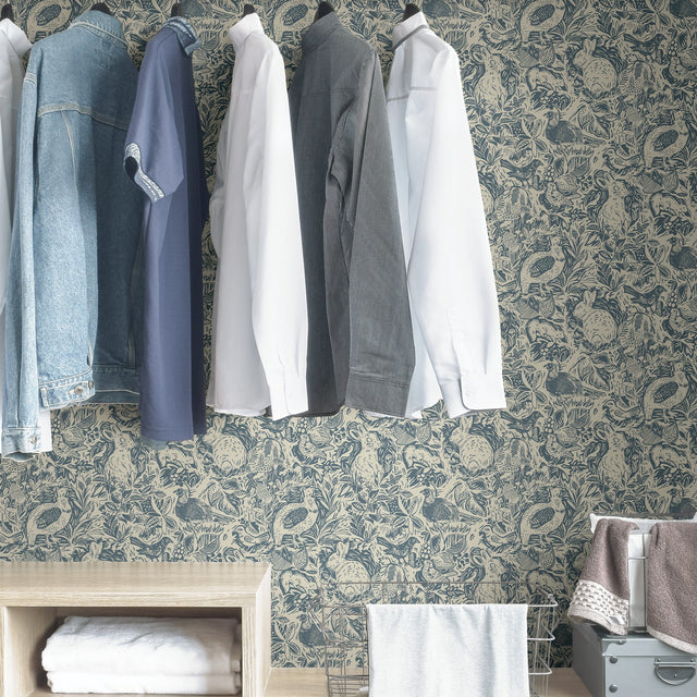 Terrene Blue Peel & Stick Wallpaper with Illustrative Woodland Animal Pattern - NuWallpaper NUS3622