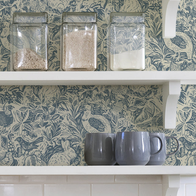 Terrene Blue Peel & Stick Wallpaper with Illustrative Woodland Animal Pattern - NuWallpaper NUS3622