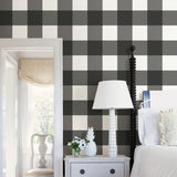 Farmhouse Plaid Charcoal Peel & Stick Wallpaper with Faux Fabric Buffalo Check - NuWallpaper NUS3624