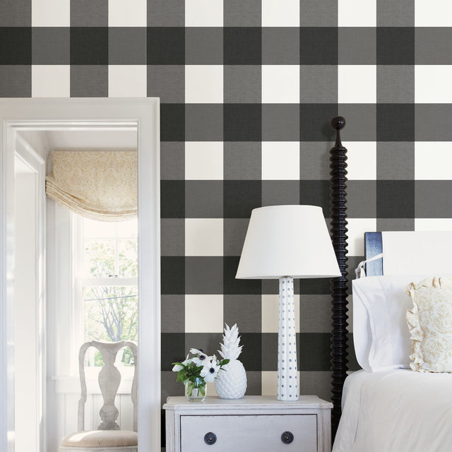 Farmhouse Plaid Charcoal Peel & Stick Wallpaper with Faux Fabric Buffalo Check - NuWallpaper NUS3624