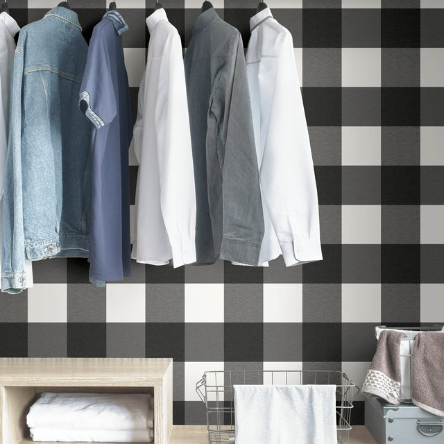 Farmhouse Plaid Charcoal Peel & Stick Wallpaper with Faux Fabric Buffalo Check - NuWallpaper NUS3624
