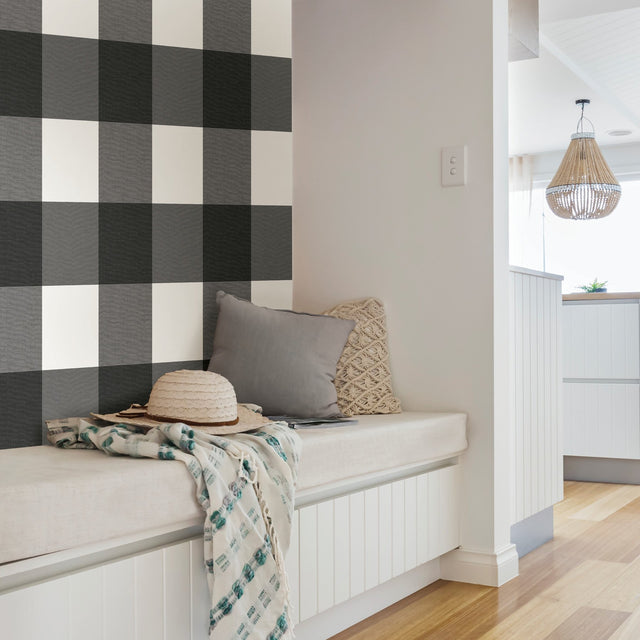 Farmhouse Plaid Charcoal Peel & Stick Wallpaper with Faux Fabric Buffalo Check - NuWallpaper NUS3624