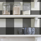 Farmhouse Plaid Charcoal Peel & Stick Wallpaper with Faux Fabric Buffalo Check - NuWallpaper NUS3624