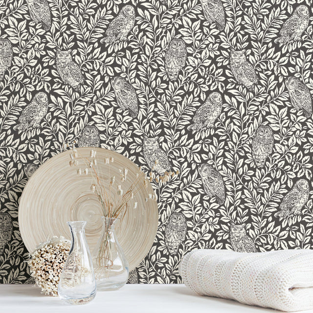 Sleepy Owls Charcoal Peel & Stick Wallpaper with Woodland Owl Motif - NuWallpaper NUS3625