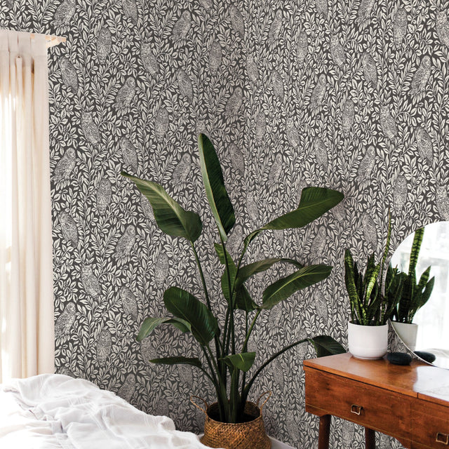 Sleepy Owls Charcoal Peel & Stick Wallpaper with Woodland Owl Motif - NuWallpaper NUS3625