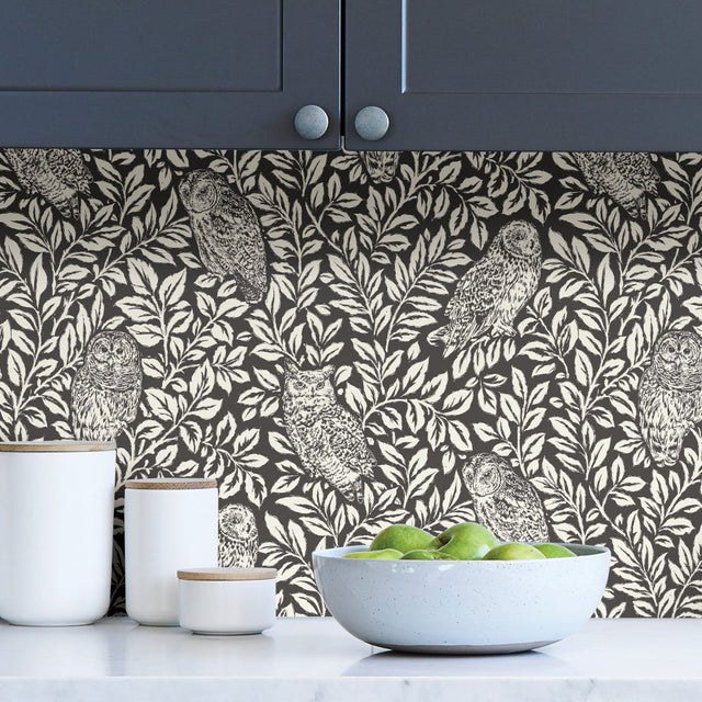 Sleepy Owls Charcoal Peel & Stick Wallpaper with Woodland Owl Motif - NuWallpaper NUS3625