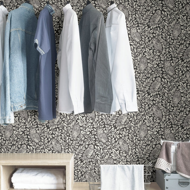 Sleepy Owls Charcoal Peel & Stick Wallpaper with Woodland Owl Motif - NuWallpaper NUS3625