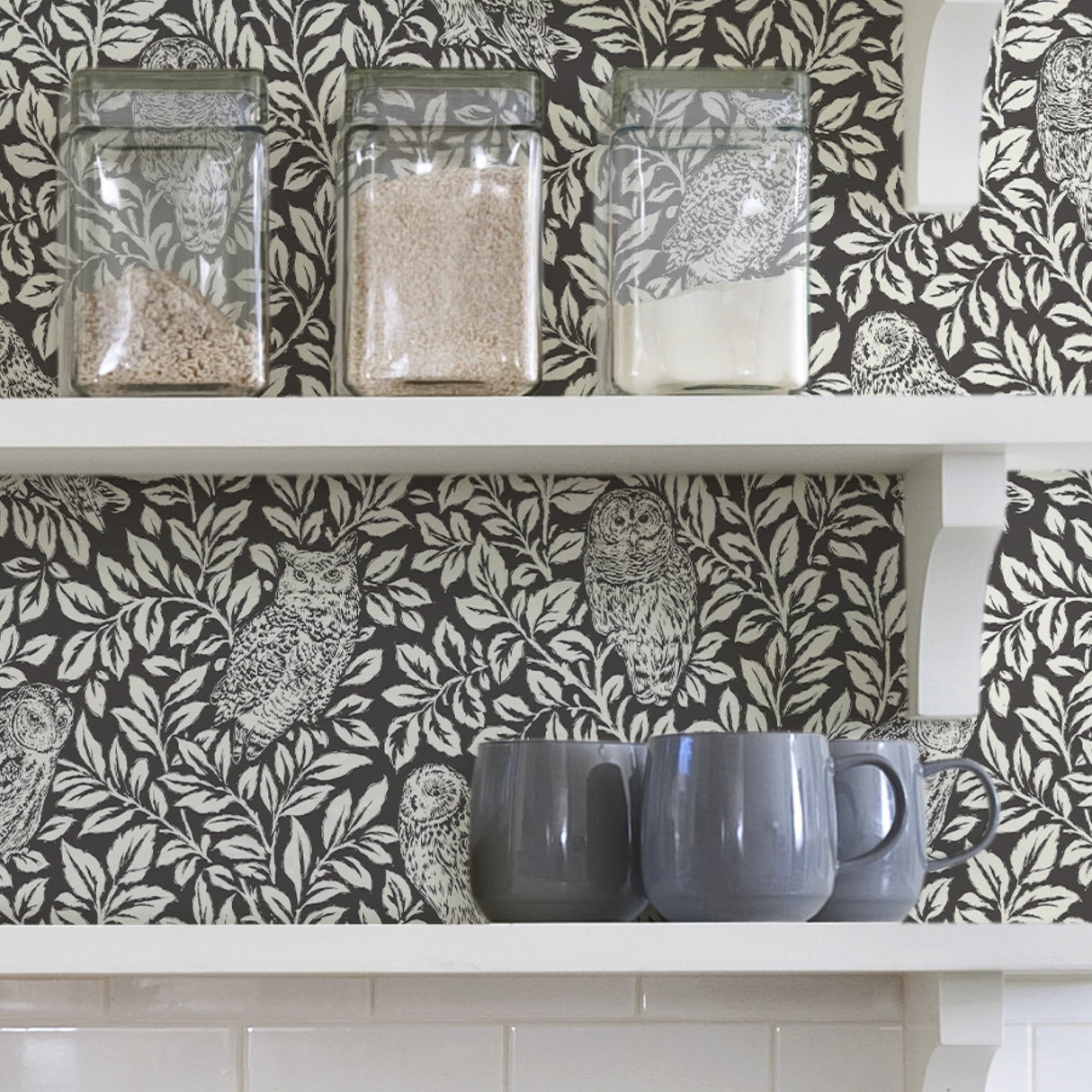 Sleepy Owls Charcoal Peel & Stick Wallpaper with Woodland Owl Motif - NuWallpaper NUS3625
