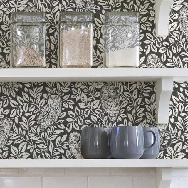Sleepy Owls Charcoal Peel & Stick Wallpaper with Woodland Owl Motif - NuWallpaper NUS3625