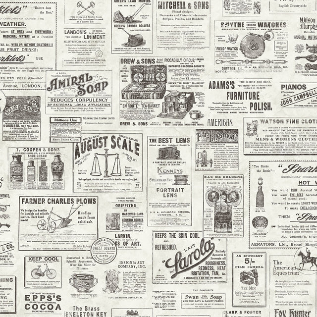 Published Charcoal Peel & Stick Wallpaper with Vintage Newspaper Advertisements - NuWallpaper NUS3626
