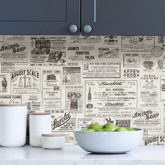 Published Charcoal Peel & Stick Wallpaper with Vintage Newspaper Advertisements - NuWallpaper NUS3626