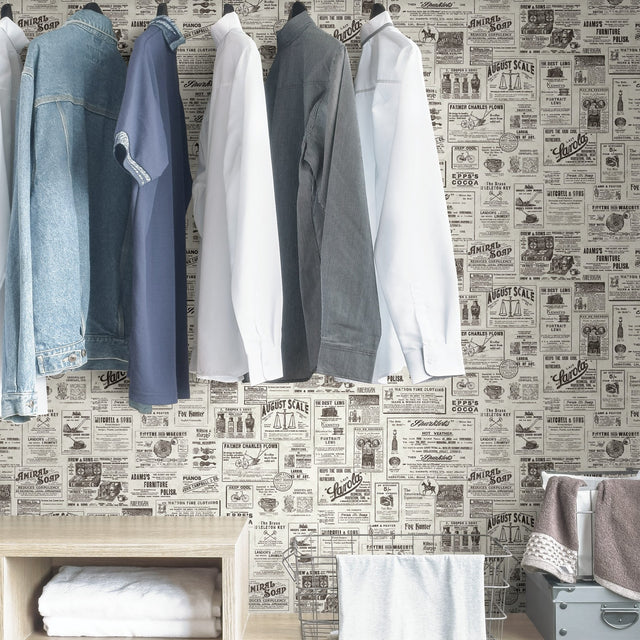 Published Charcoal Peel & Stick Wallpaper with Vintage Newspaper Advertisements - NuWallpaper NUS3626