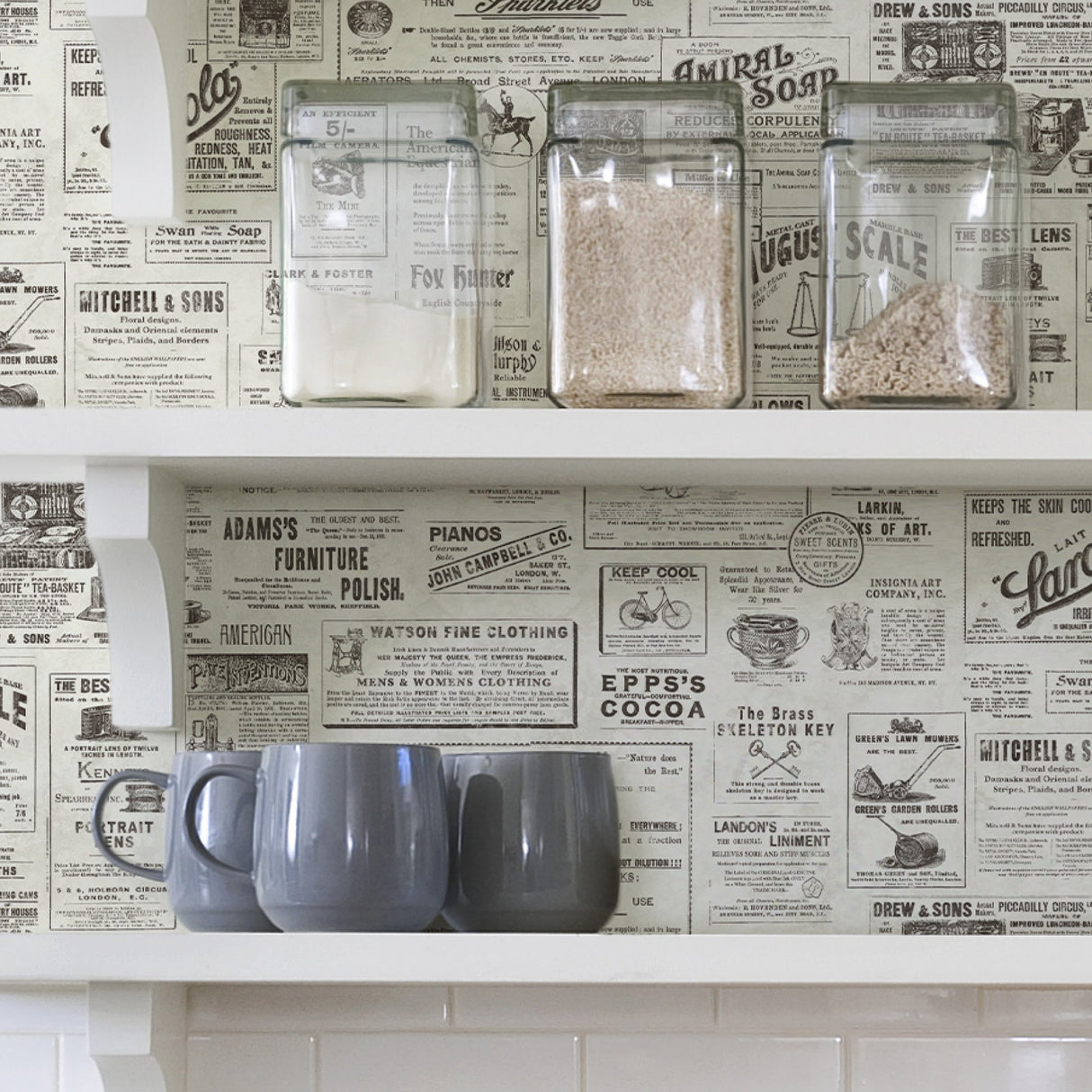 Published Charcoal Peel & Stick Wallpaper with Vintage Newspaper Advertisements - NuWallpaper NUS3626
