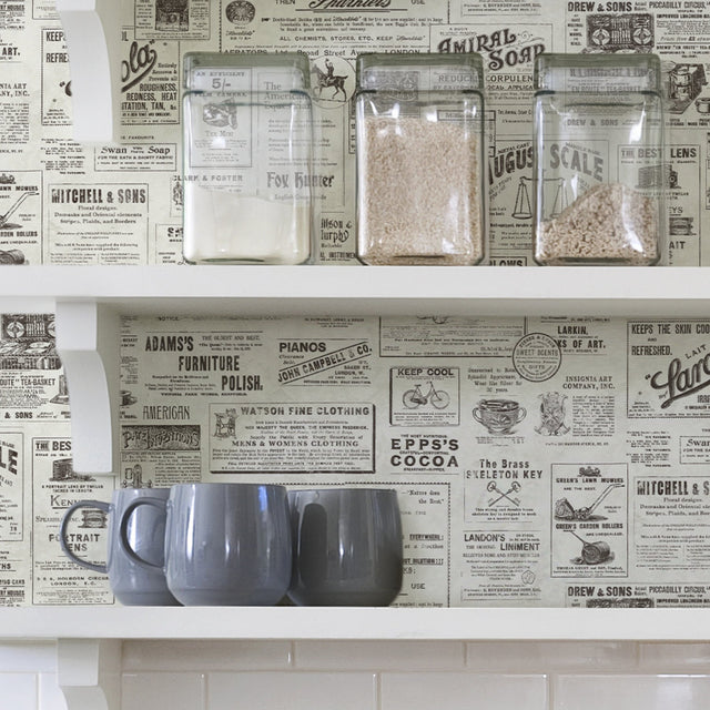 Published Charcoal Peel & Stick Wallpaper with Vintage Newspaper Advertisements - NuWallpaper NUS3626