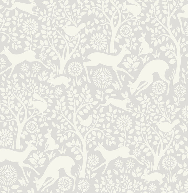 Merriment Grey Peel & Stick Wallpaper with Scandinavian Forest Motif - NuWallpaper NUS3677